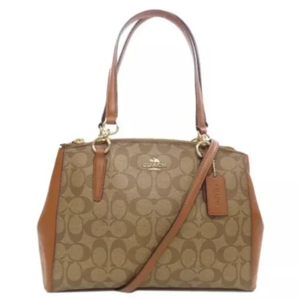 Coach Christie Carryall Signature Canvas Shoulder Bag with Tan Leather Trim